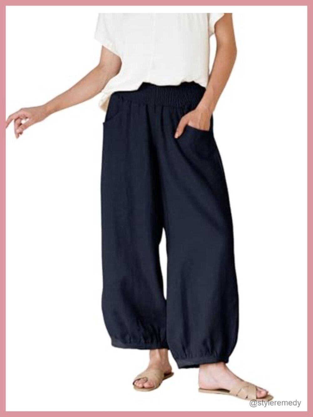 Womens Wide Leg Barrel Pants Cotton Linen Elastic Waist Harem Pants
